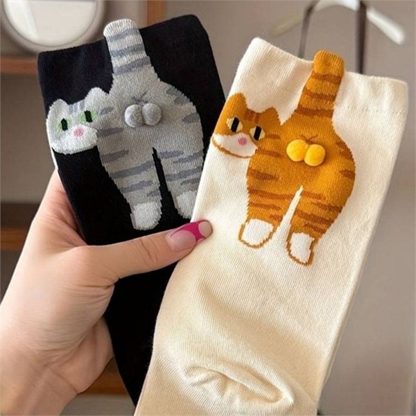 발랄한 여성 중목 양말 3켤레 귀여운 고양이 패션 양말 데일리 - 상품 이미지