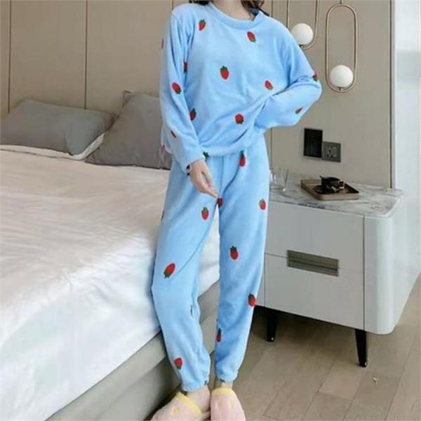 부드러운 여성 극세사 잠옷 라운드 여성 상하의 잠옷 데일리 파자마 - 상품 이미지