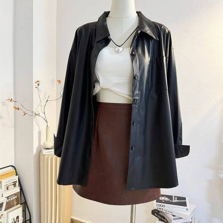 레더셔츠 가을 봄 아우터 여성 캐주얼 PU 인조가죽 오버핏 루즈핏 셔츠 탑 블랙 - 메인 이미지
