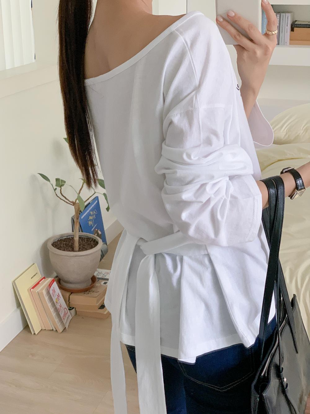 보트넥티셔츠 오프숄더 허리벨트 레터링 여성 긴팔 티셔츠 이미지 7