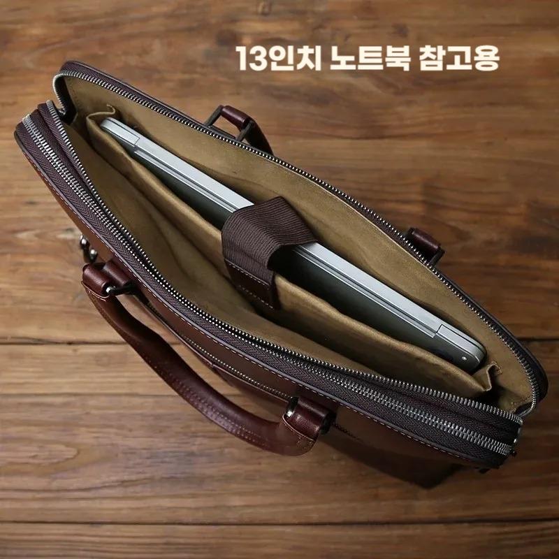 남성 헤더 소가죽 가로형 빈티지 브라운 캐주얼 비즈니스 숄더 겸 크로스 노트북가방 - 상세 이미지 4