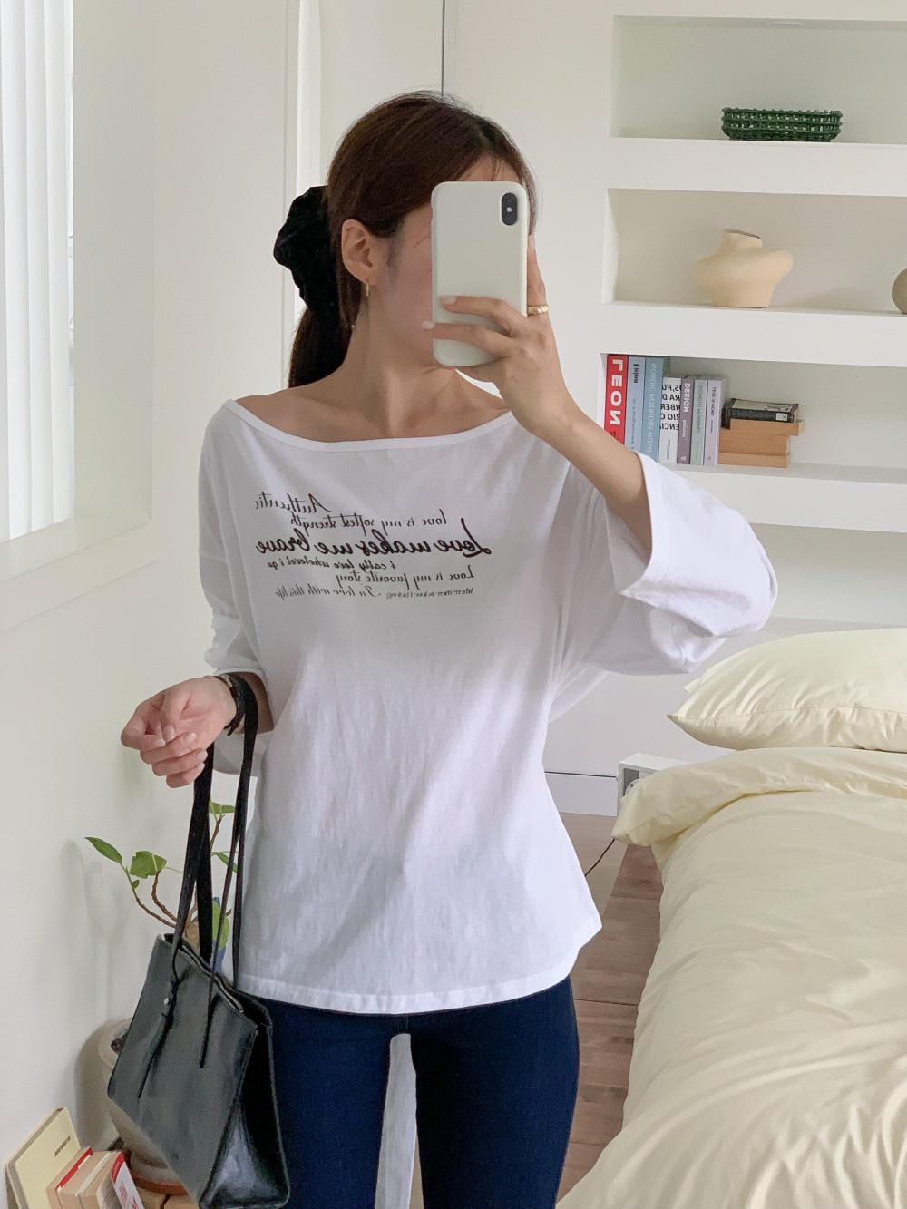 보트넥티셔츠 오프숄더 허리벨트 레터링 여성 긴팔 티셔츠 이미지 6