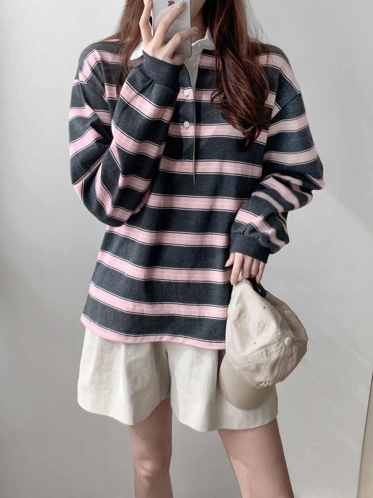 귀여운 배색 단가라 럭비 카라티 멀티 스트라이프 티셔츠 롱 여성 티셔츠 봄 여자 박스티 - 상품 이미지