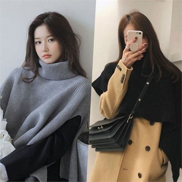 따뜻한 여성 니트 루즈핏 여성 폴라 망토 겨울 데일리 - 메인 이미지