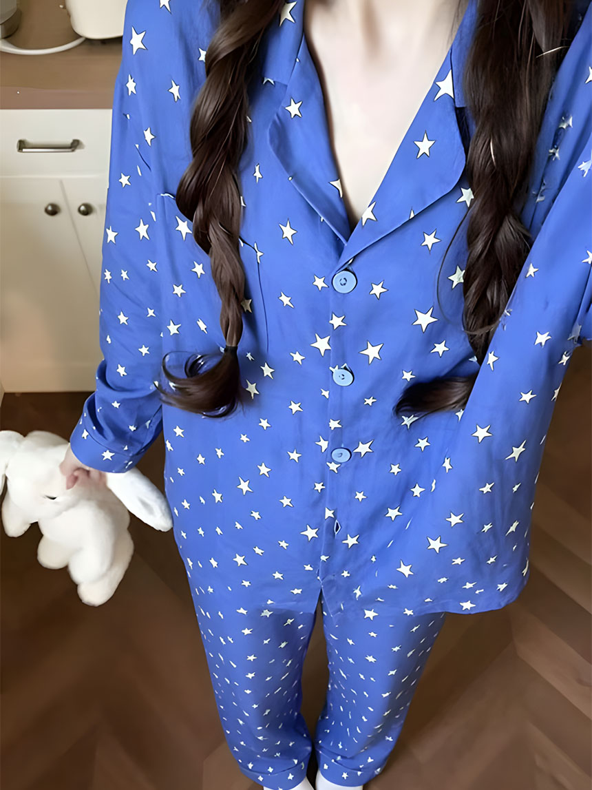 캡내장잠옷 긴팔 투피스 키치스타 노브라 빈티지 간절기 파자마 감성 홈웨어 세트 - 상세 이미지 4