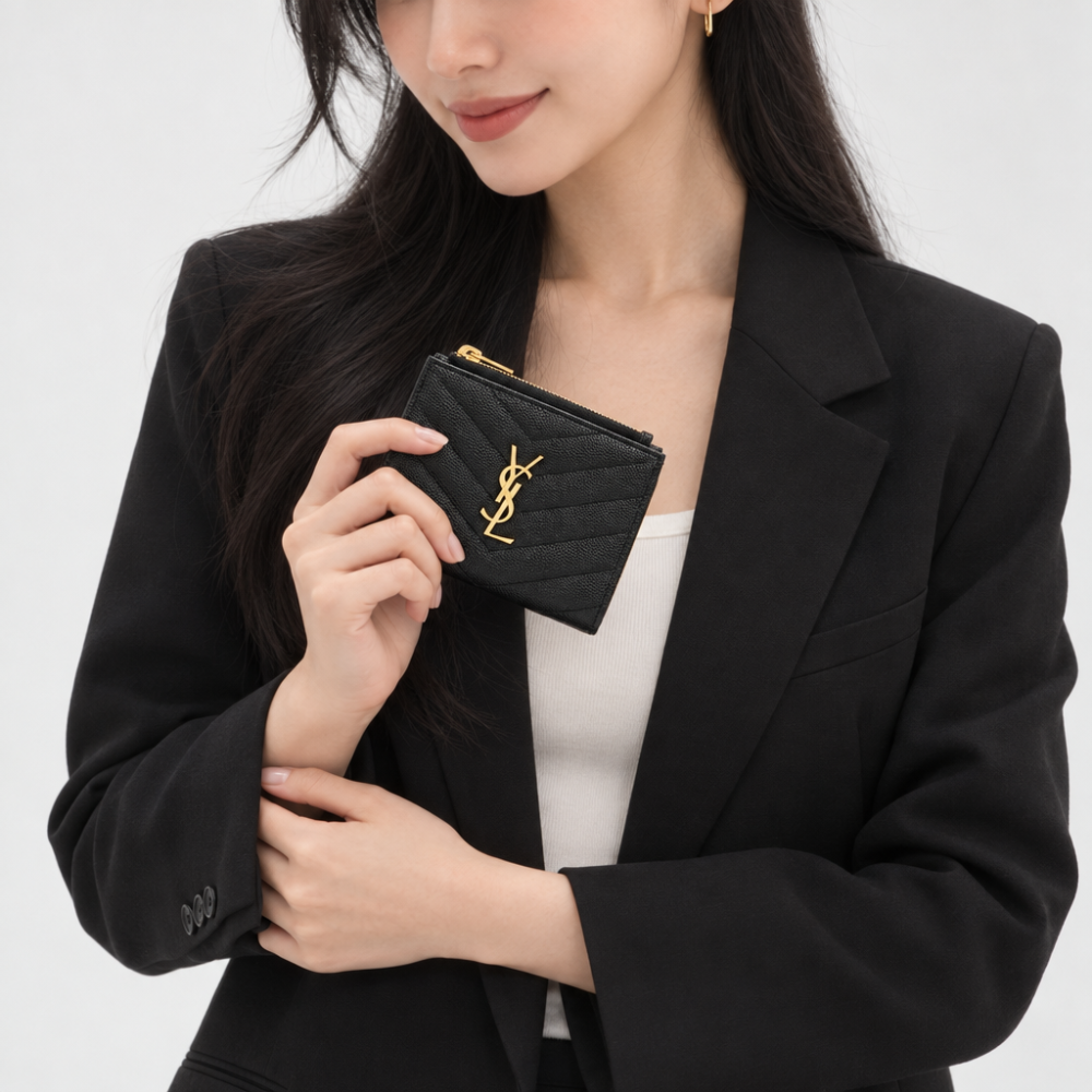 입생로랑 YSL 모노그램 쉐브론 지퍼 반지갑 블랙 - 상세 이미지 5