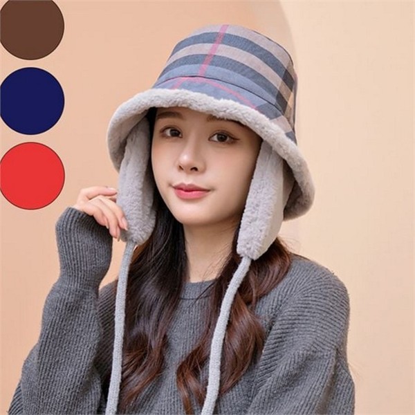 여성 버킷 햇 데일리 체크 털 모자 따뜻한 - 메인 이미지