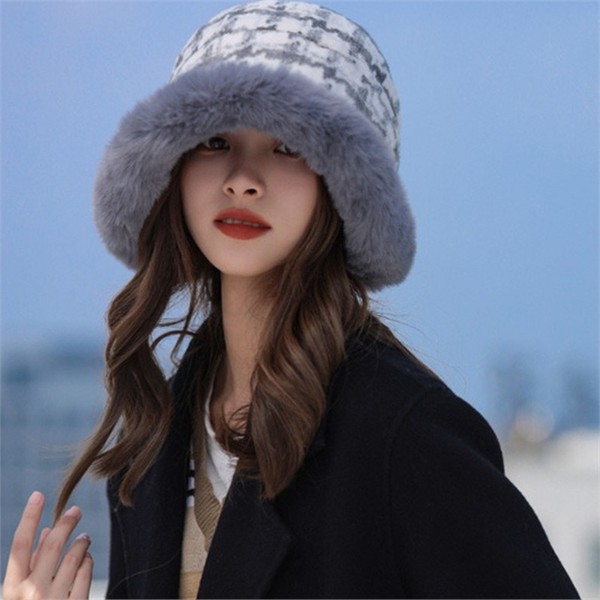 체크 버킷 햇 포근한 여성 겨울 모자 데일리 - 메인 이미지