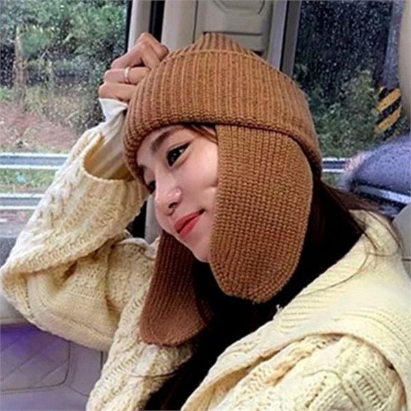 방한 니트 모자 여성 귀달이 비니 스트릿 방한모 - 상품 이미지