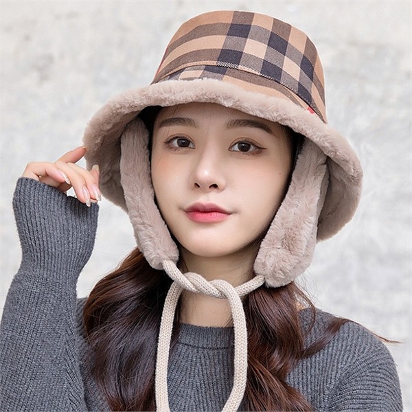 체크 벙거지 모자 겨울 버킷 햇 스트랩 데일리 - 메인 이미지