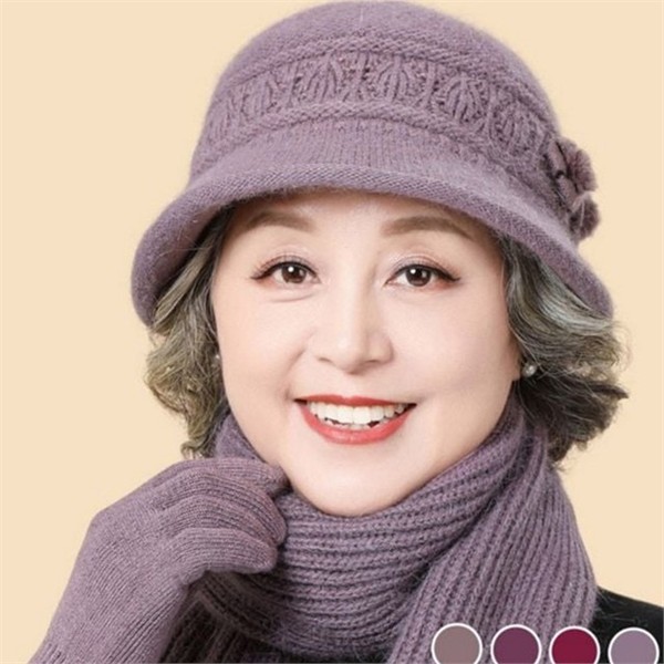 따뜻한 중장년 방한 모자 목도리 꽃무늬 여성 니트 모자 - 상품 이미지