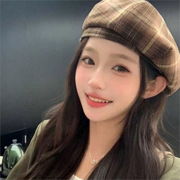 클래식 여성 베레모 빈티지 체크 베레모 모직 겨울 - 메인 이미지