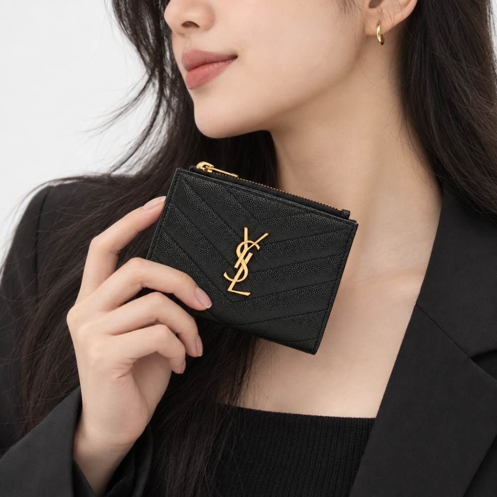 입생로랑 YSL 모노그램 쉐브론 지퍼 반지갑 블랙 - 상세 이미지 4