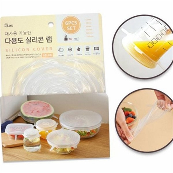 신축성 다용도 실리콘 뚜껑 6P 밀봉 음식물 덮개 원형 반찬 - 메인 이미지