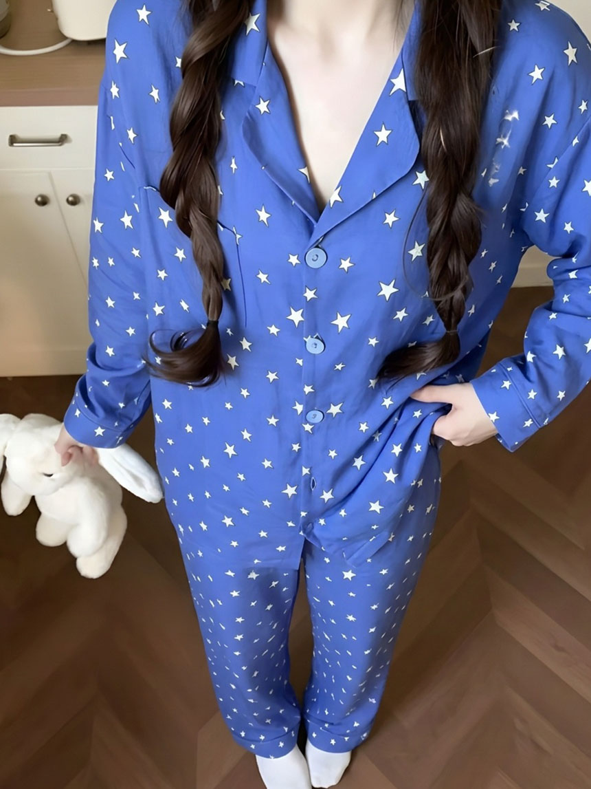 캡내장잠옷 긴팔 투피스 키치스타 노브라 빈티지 간절기 파자마 감성 홈웨어 세트 - 상세 이미지 5