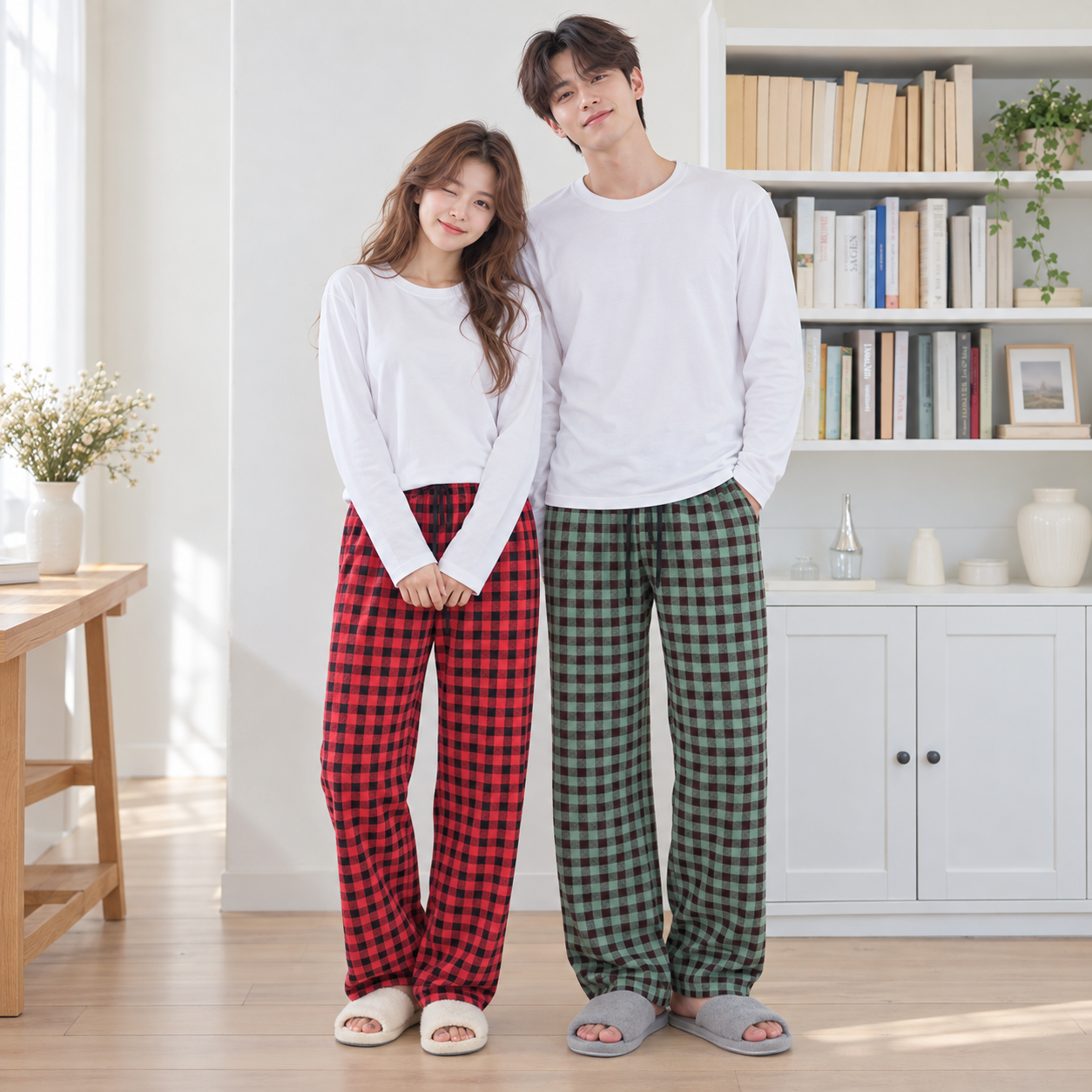 SOLO 솔로 국산 7Color 체크 스판 커플 9부 잠옷바지 - 메인 이미지