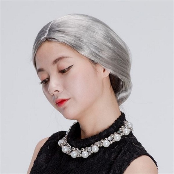 복고풍 할머니 분장 가발 웨이브 실버 가발 쪽머리 백발 - 메인 이미지