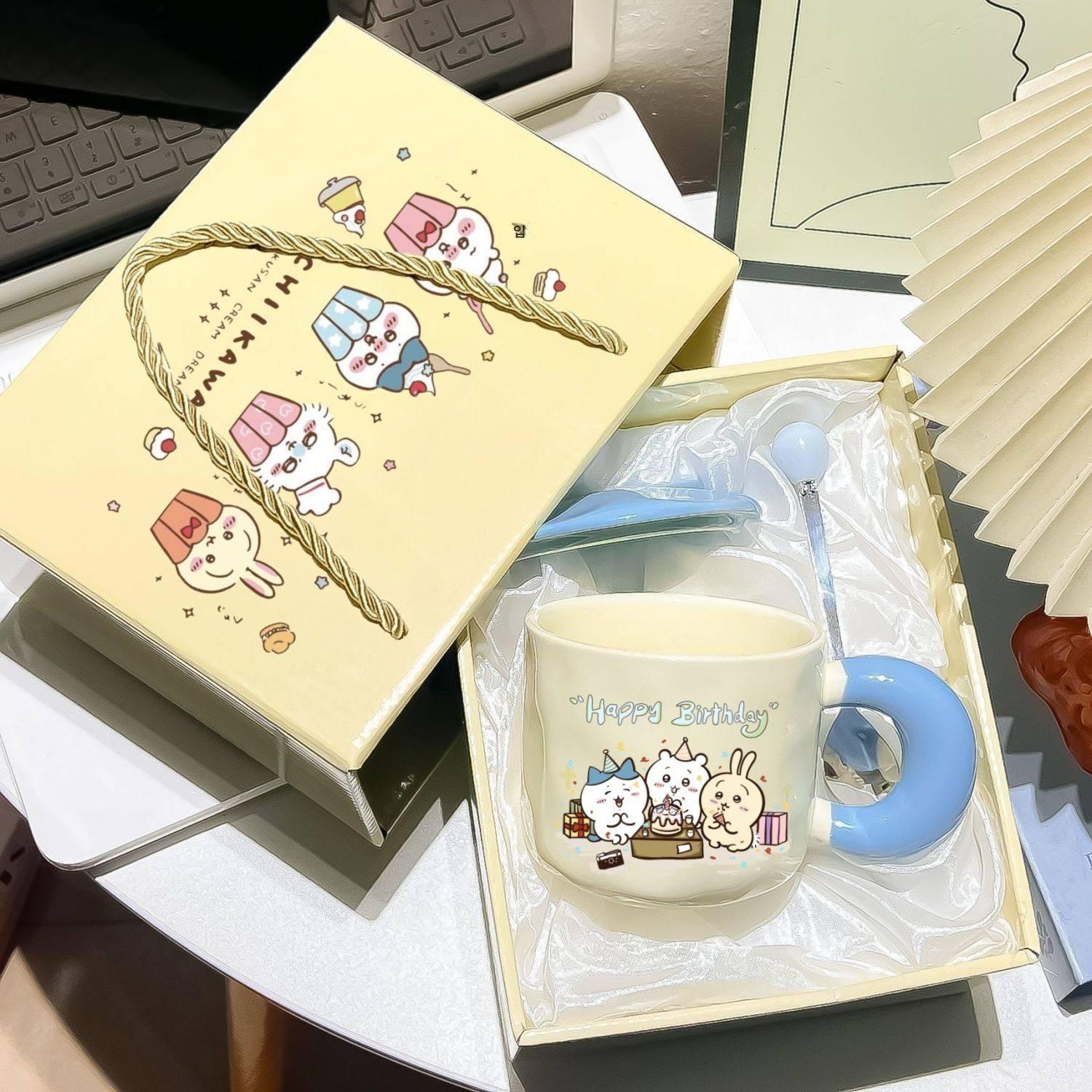 치이카와 머그컵 잔 도자기 뚜껑 포함 커피 음료 물 찻잔 먼작귀 선물 블루 뚜껑 + 볼 스푼 - 상품 이미지