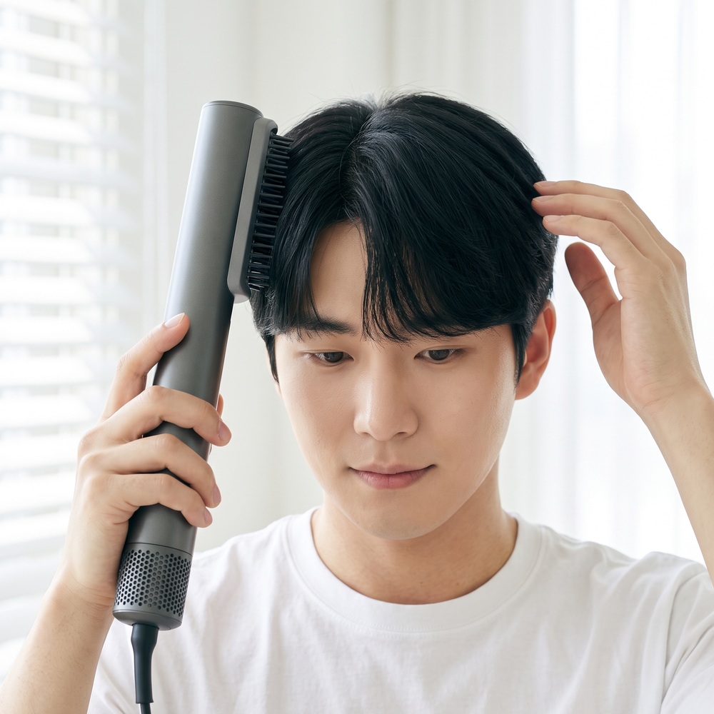 슬림형 드라이기 본체로 앞머리를 정리하면서 드라이하는 남성의 정면 사진