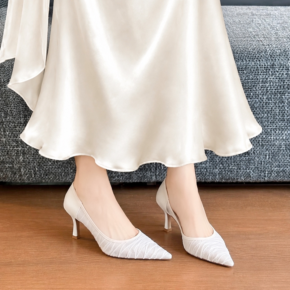 셔링 웨딩슈즈 메쉬 본식 촬영 드레스 힐 구두7cm - 상품 이미지