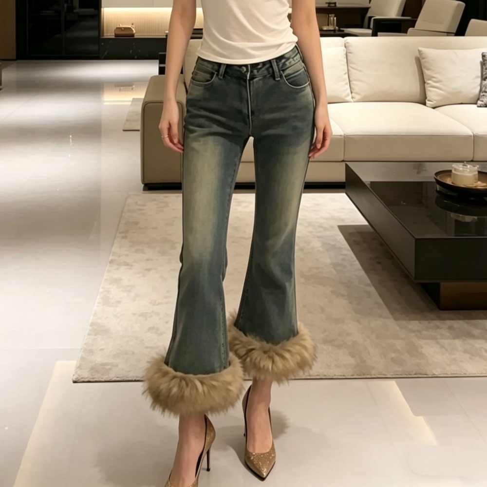 퍼 데님 팬츠 겨울 부츠컷 여성 9부 청바지 빈티지 나팔바지 가을 플레어 - 상품 이미지