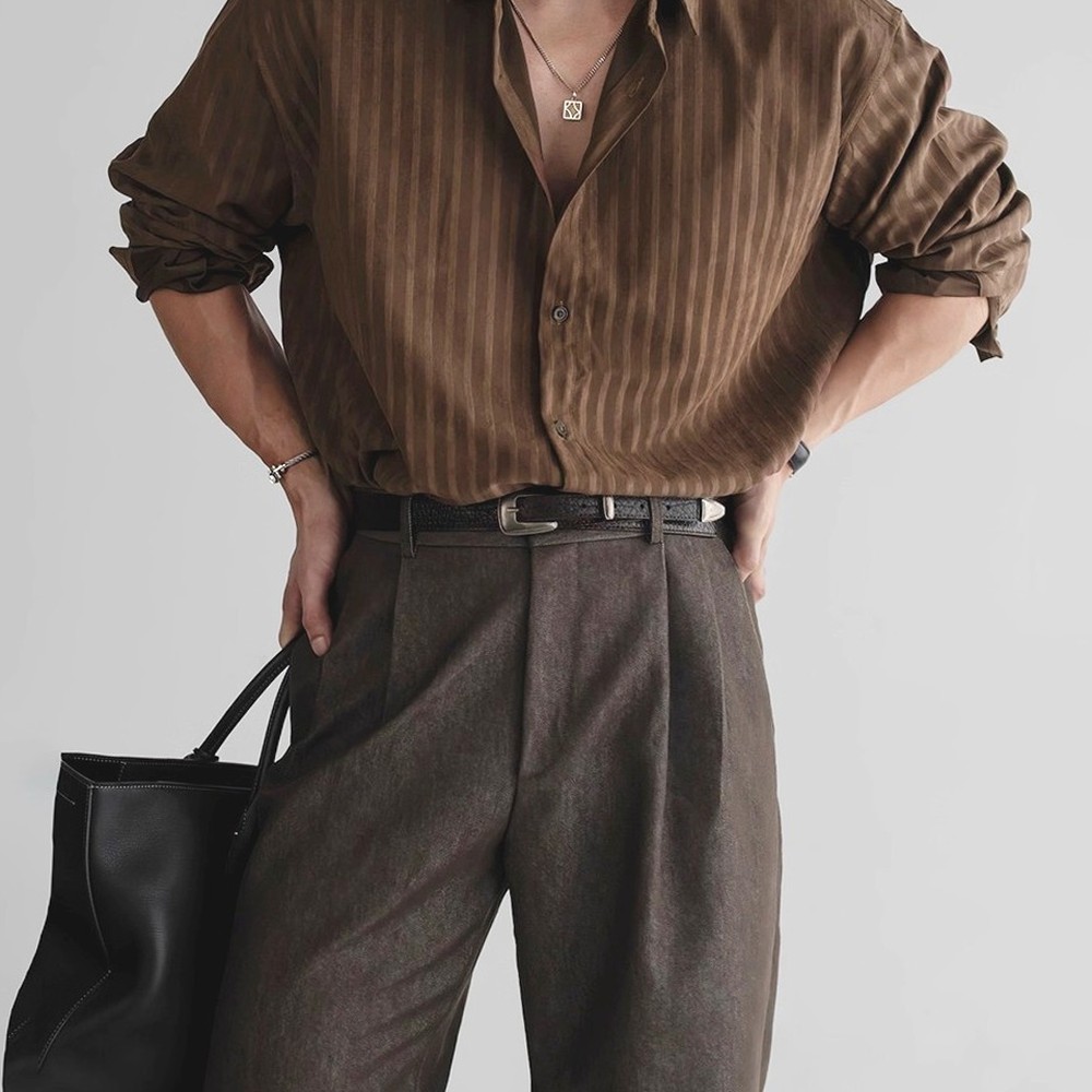데일리패턴남자코디 모던스트라이프데일리룩남자셔츠 단면측정캐주얼룩남성셔츠 블랙패션아이템 - 상품 이미지
