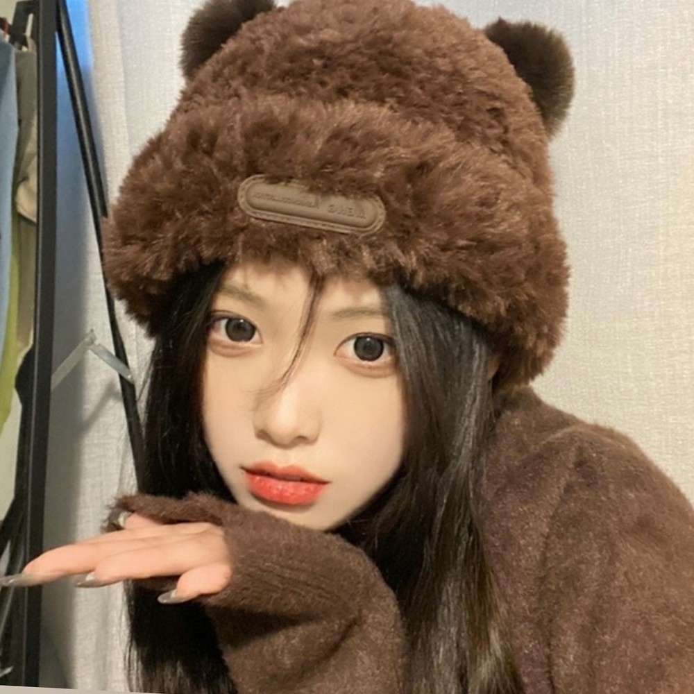 곰돌이귀겨울모자곰돌이비니 러블리베어비니 귀여운데일리룩 인조퍼방한모자프리사이즈겨울코디 - 상품 이미지
