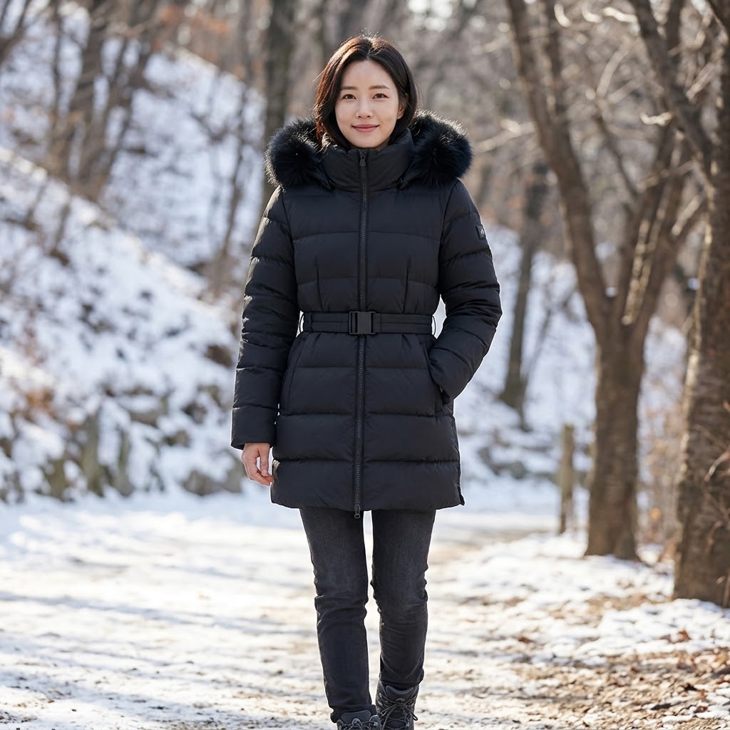 MILLET 밀레아웃도어 여성 겨울 폭스퍼 후 벨티드 프리미엄 구스다운 패딩점퍼 - 상품 이미지