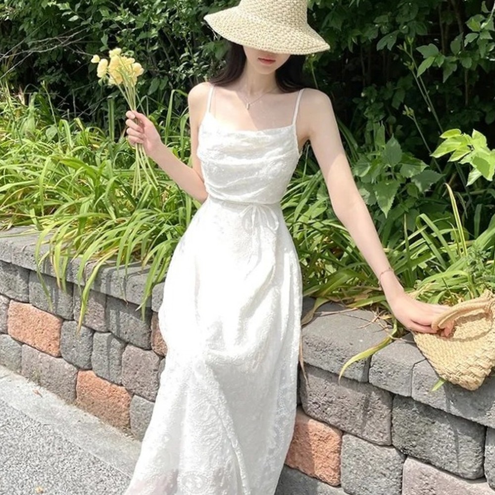 체형커버휴양지룩 어깨끈조절데일리룩롱원피스 레이스디테일바캉스룩민소매원피스 로맨틱룩데이트룩 - 상품 이미지