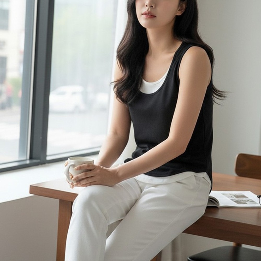 비스코스남성티셔츠스쿱넥나시 스판혼방이너웨어남성나시 이중배색캐주얼룩 무지남자패션데일리룩 - 상품 이미지