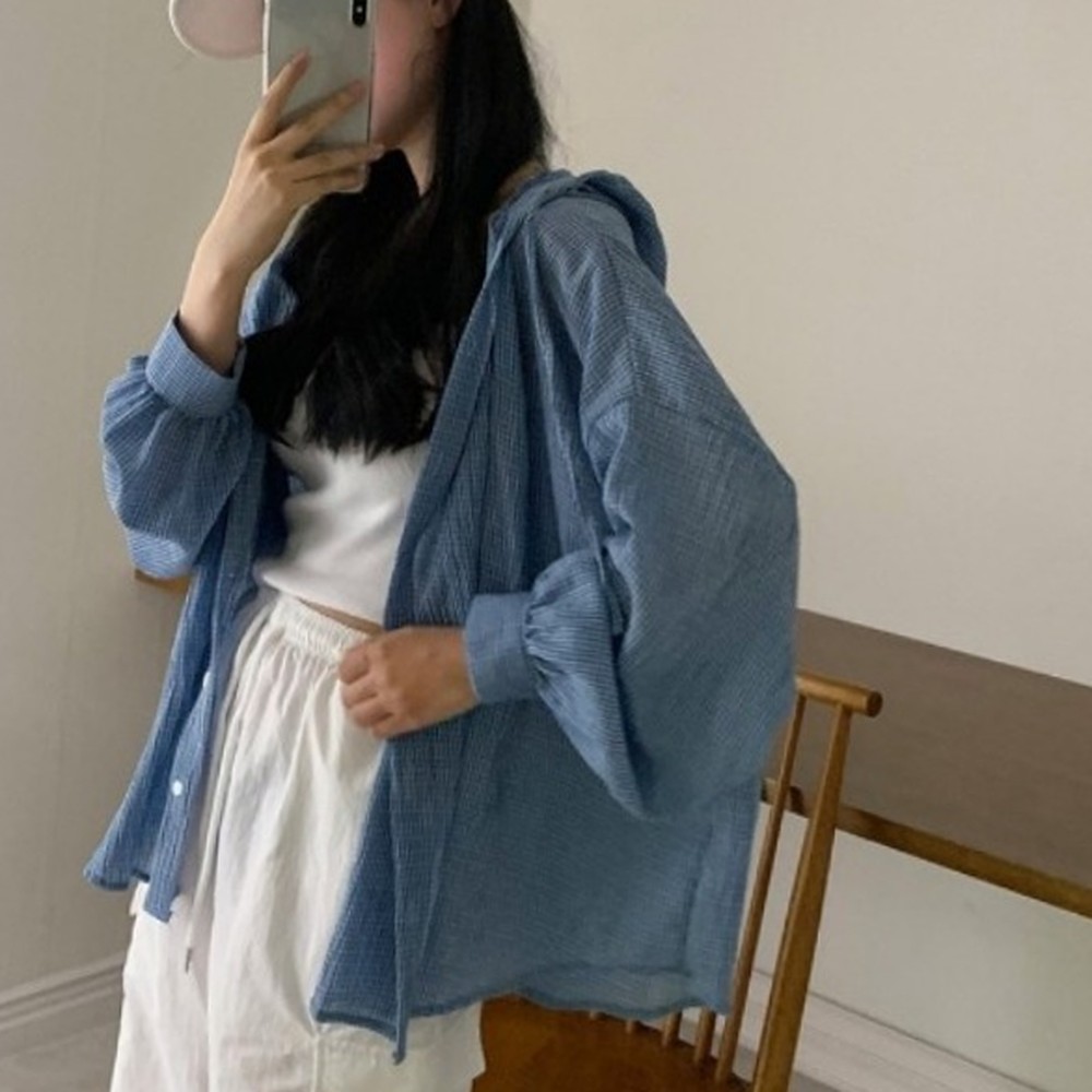여유핏데일리셔츠체크남방 볼륨소매 체크패턴간절기코디후드남방 면혼방루즈핏후드셔츠내추럴무드 - 상품 이미지