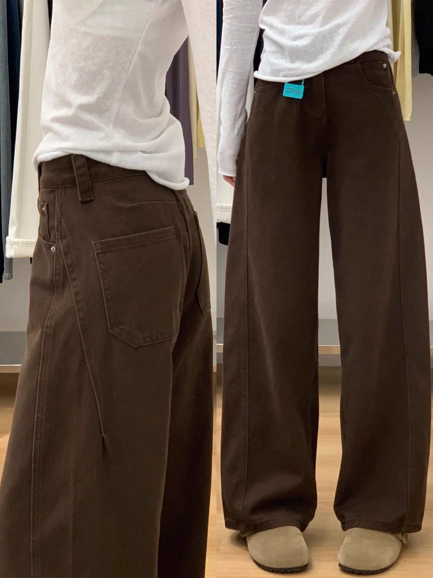 여성 브라운 빅사이즈 와이드 데님 팬츠 가을겨울 - 상품 이미지