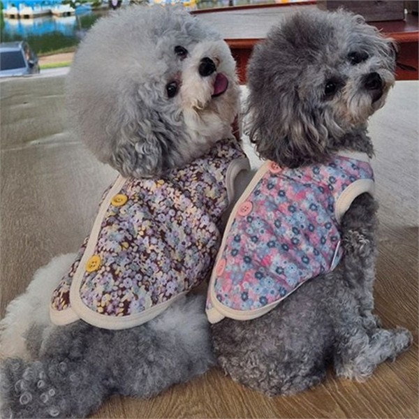 따뜻한 강아지 누빔 조끼 베스트 강아지 꽃무늬 조끼 실내복 가을 - 상품 이미지