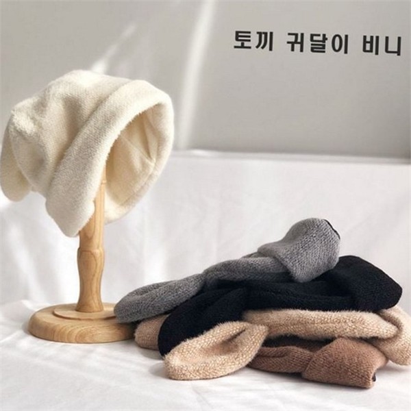 두꺼운 귀달이 비니 모자 귀여운 토끼 귀 비니 겨울 - 상품 이미지