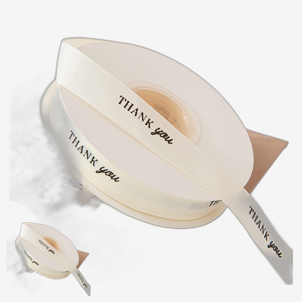 아이보리컬러 면소재 꽃다발포장 레터링리본끈 필기체디자인 핸드메이드장식 포장용리본 땡큐 20mm - 상품 이미지
