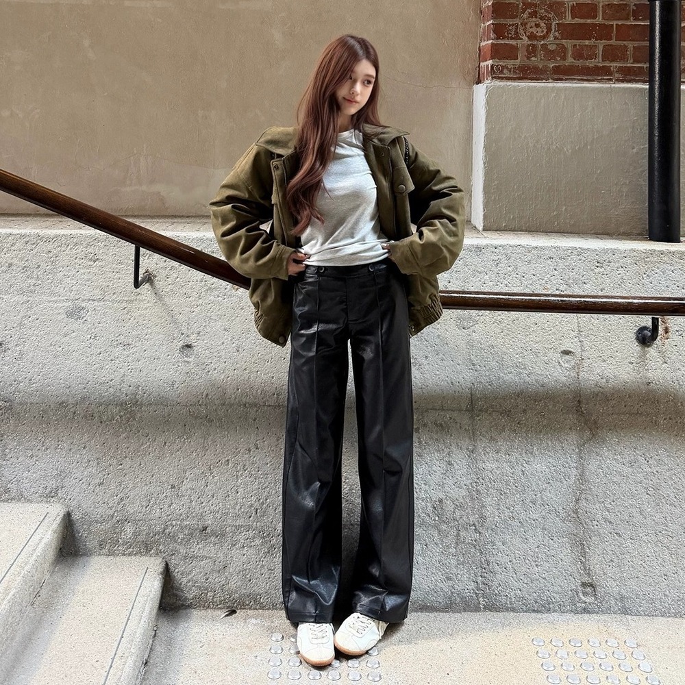 하이웨스트 더블 버튼 절개 레더 팬츠 4type - 상품 이미지