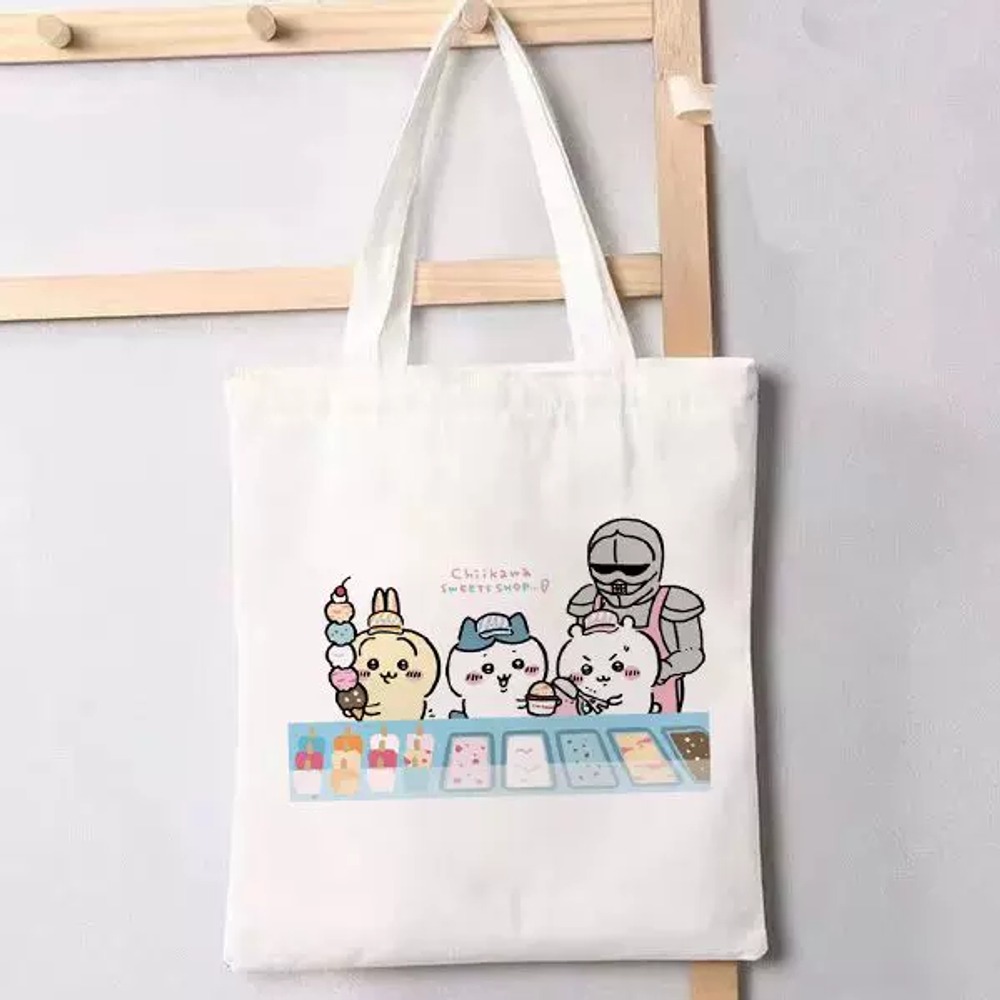 치이카와 에코백 캔버스 가방 지퍼 안주머니 토트백 우사기 하치와레 먼작귀 - 상품 이미지
