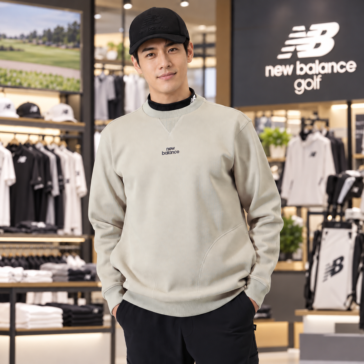 뉴발란스 골프 남성 빅로고 라운드 맨투맨 베이지
